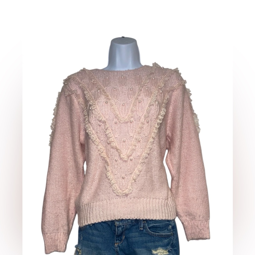 1980s baby pink sweater with faux pearl and lace detailing